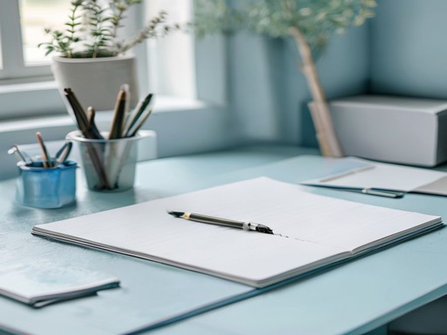 Thoughtful workspace with planning materials and wellness resources