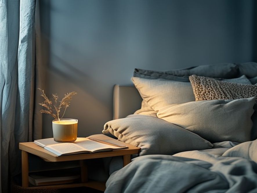 Warm tea and reading materials on a bedside table