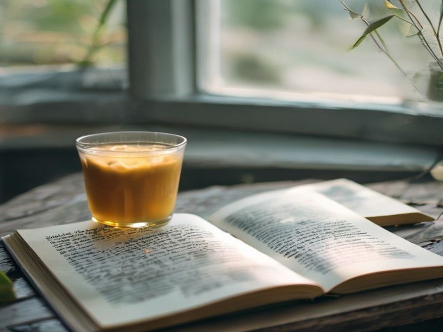 Open journal with notes and a warm drink on a table