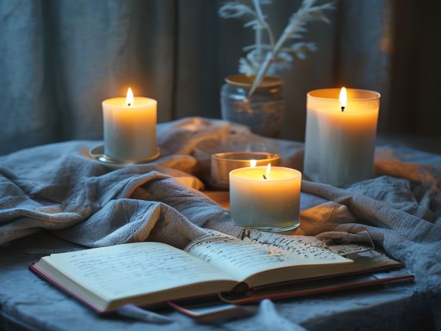 Arranged evening ritual items on a wooden surface