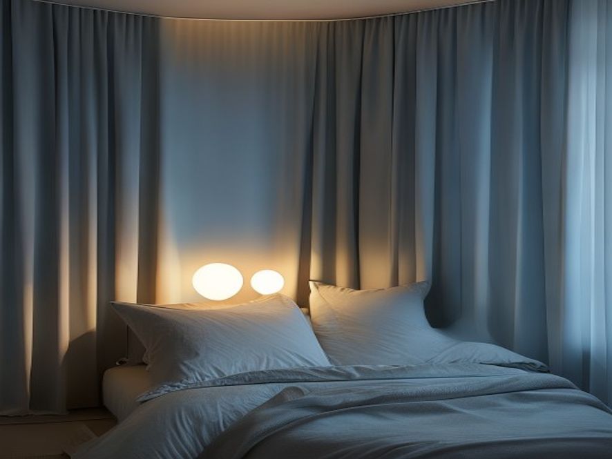 Minimalist bedroom with soft lighting and comfortable bedding
